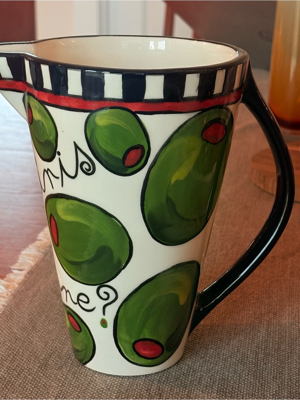 Signed A Martin 2001 Martini Anyone Olive Hand Painted Ceramic Pitcher Barware